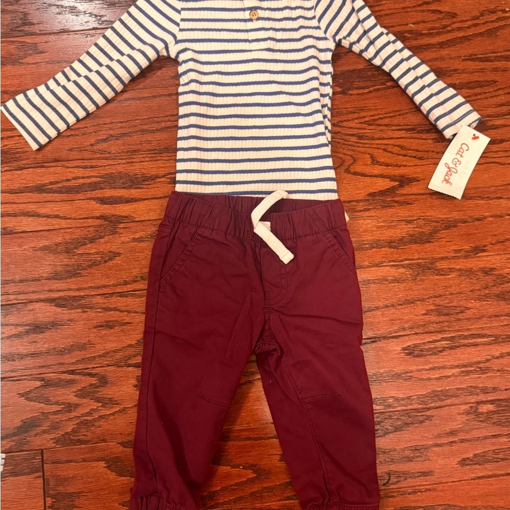 Cat & Jack Navy Striped Top with Burgundy Pants